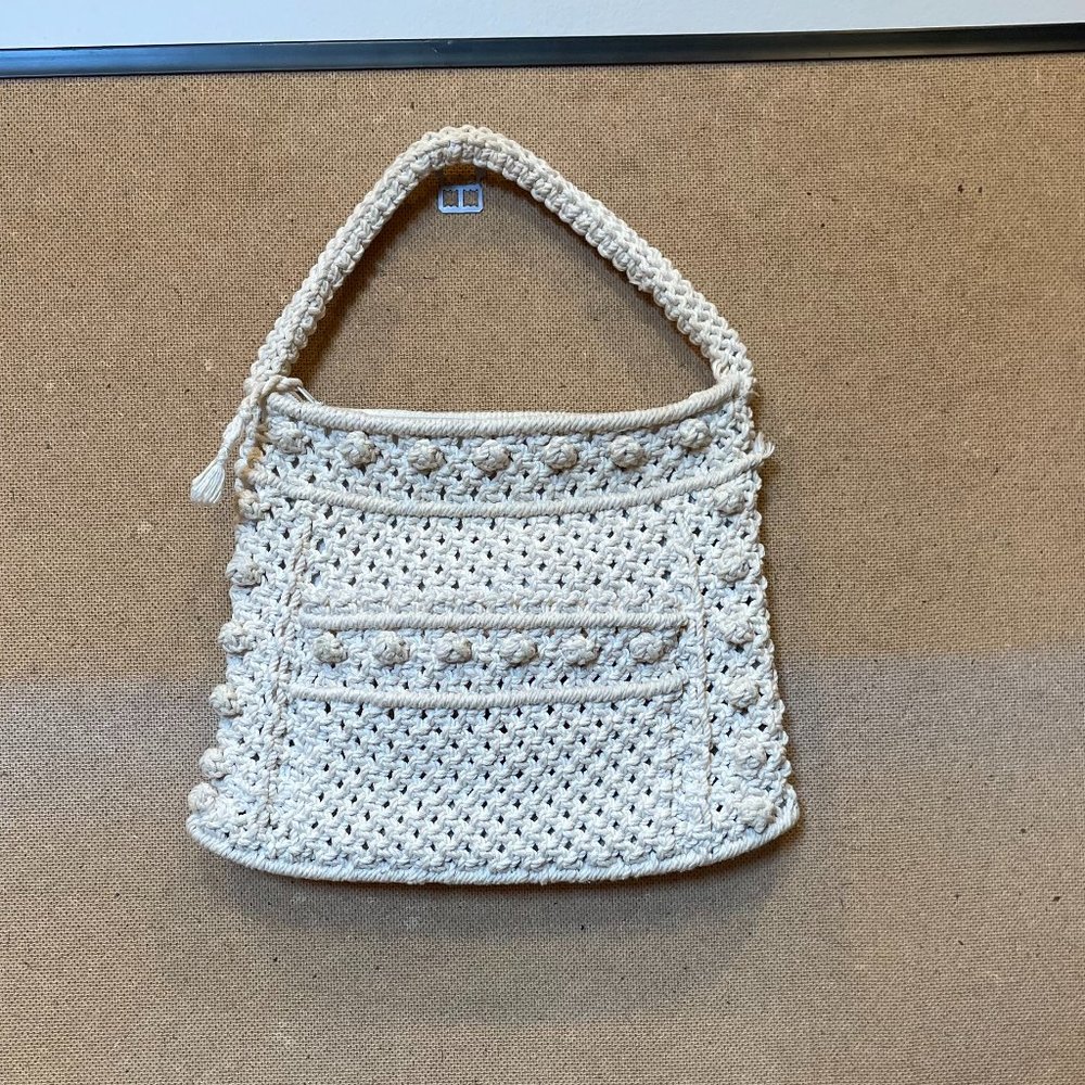 Macrame Handbag, Cream Color, Zip Top